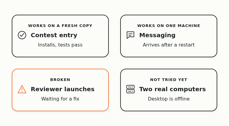 The entry runs from scratch and messages arrive after a restart on one machine, but two real computers haven't been tried