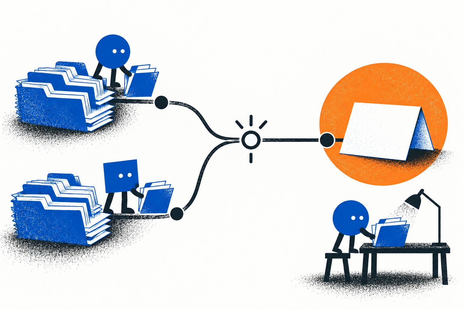 Conceptual illustration: two agents bring folder paths to a meeting point that leads to a submitted sheet. Another agent keeps working at a separate desk