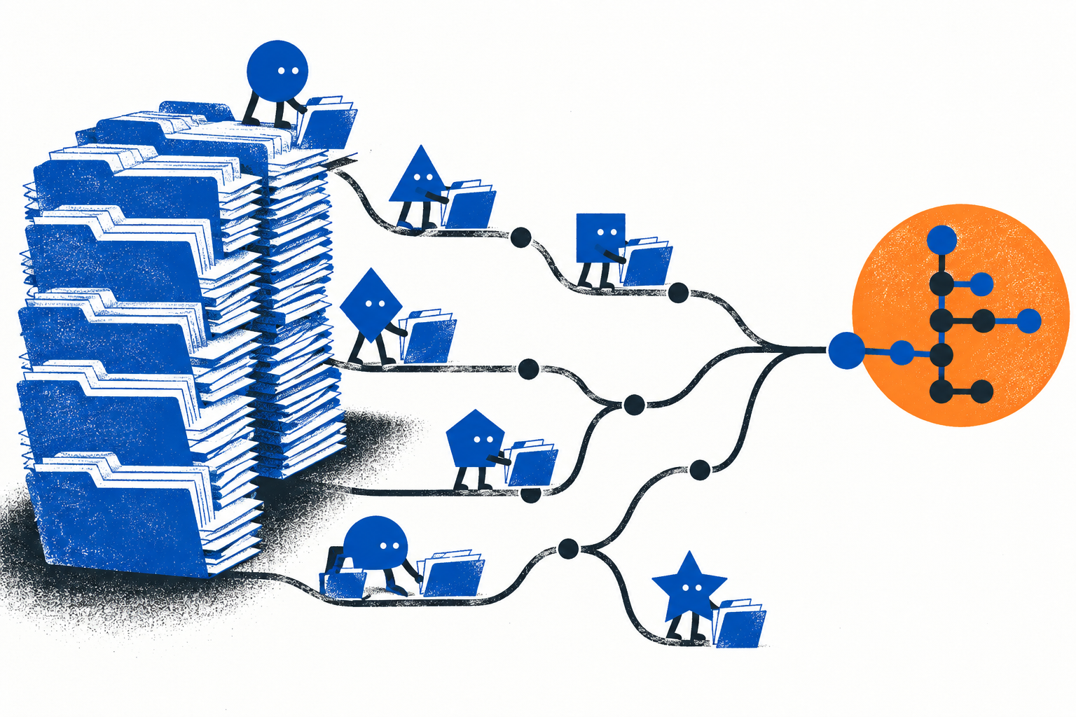 Geometric blue agents carry folders along branching commit lines into an orange merge