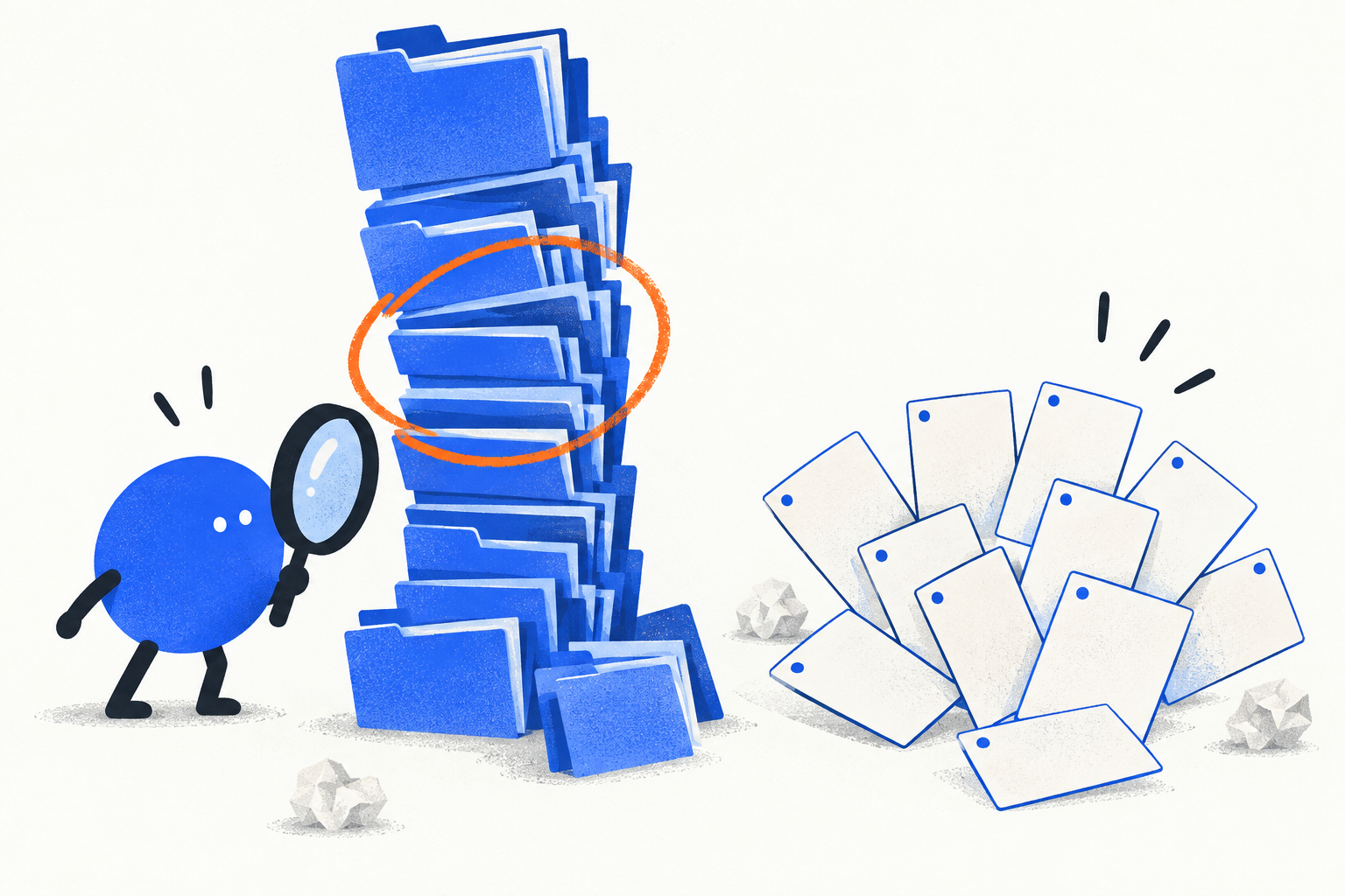 Conceptual illustration: an agent examines duplicated project folders beside a spread of research ideas.