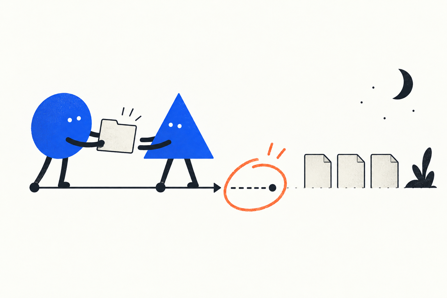 Conceptual illustration: agents pass a task forward, but the continuation path stops beside an overnight queue.