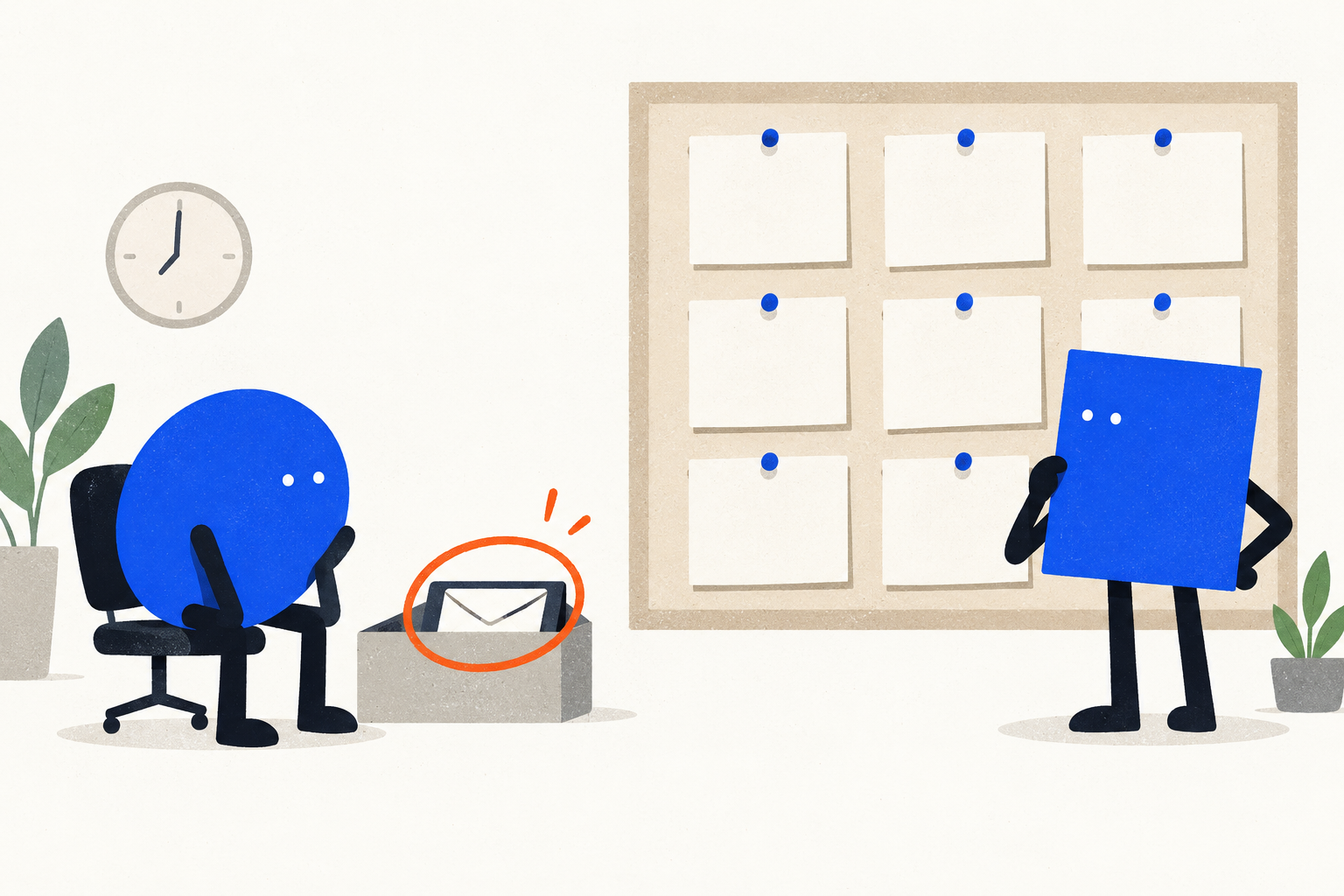 Conceptual illustration: an unread message waits beside an idle agent while requests are moved onto an open task board.