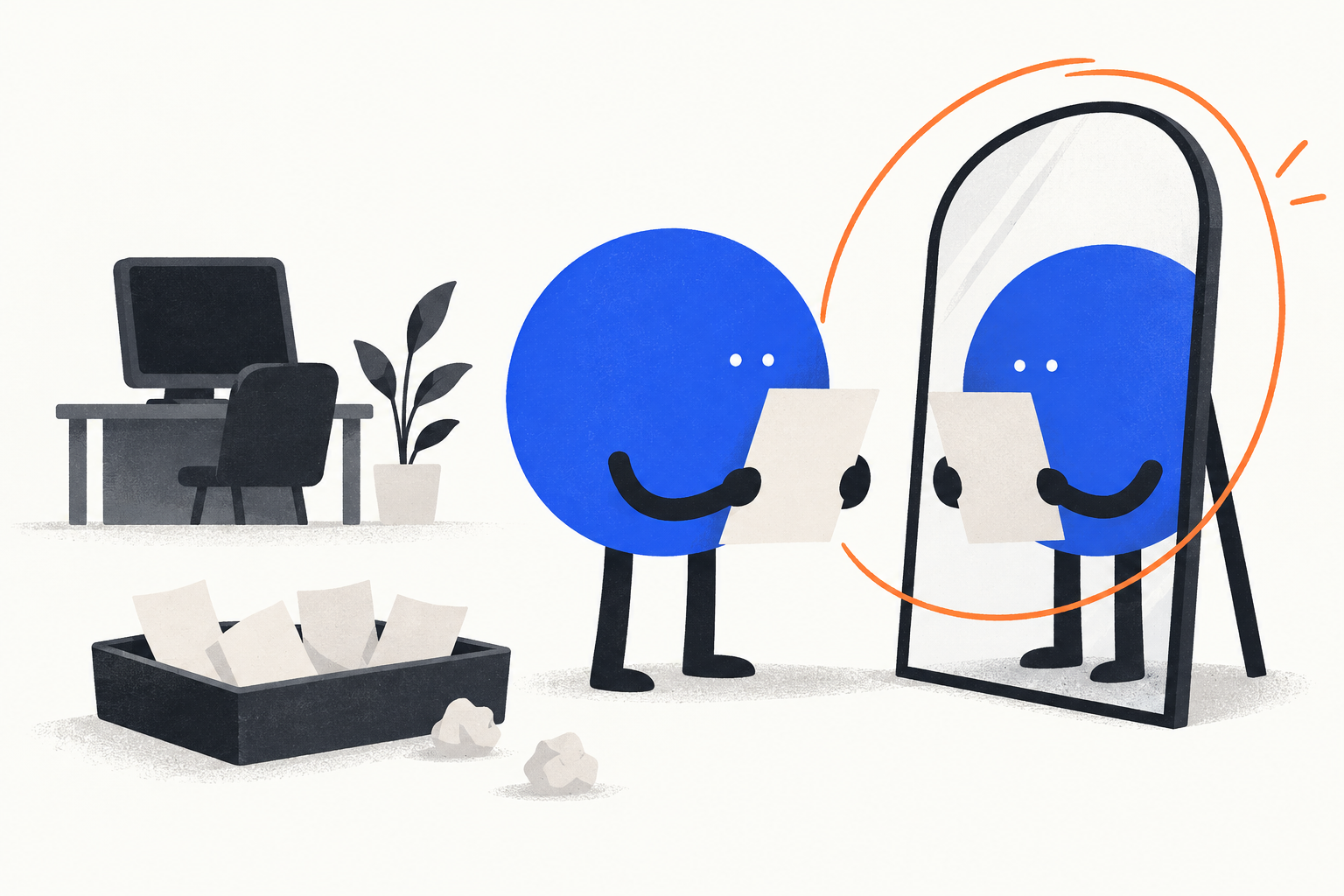 Conceptual illustration: an agent mistakes its own reflection for an independent reviewer.