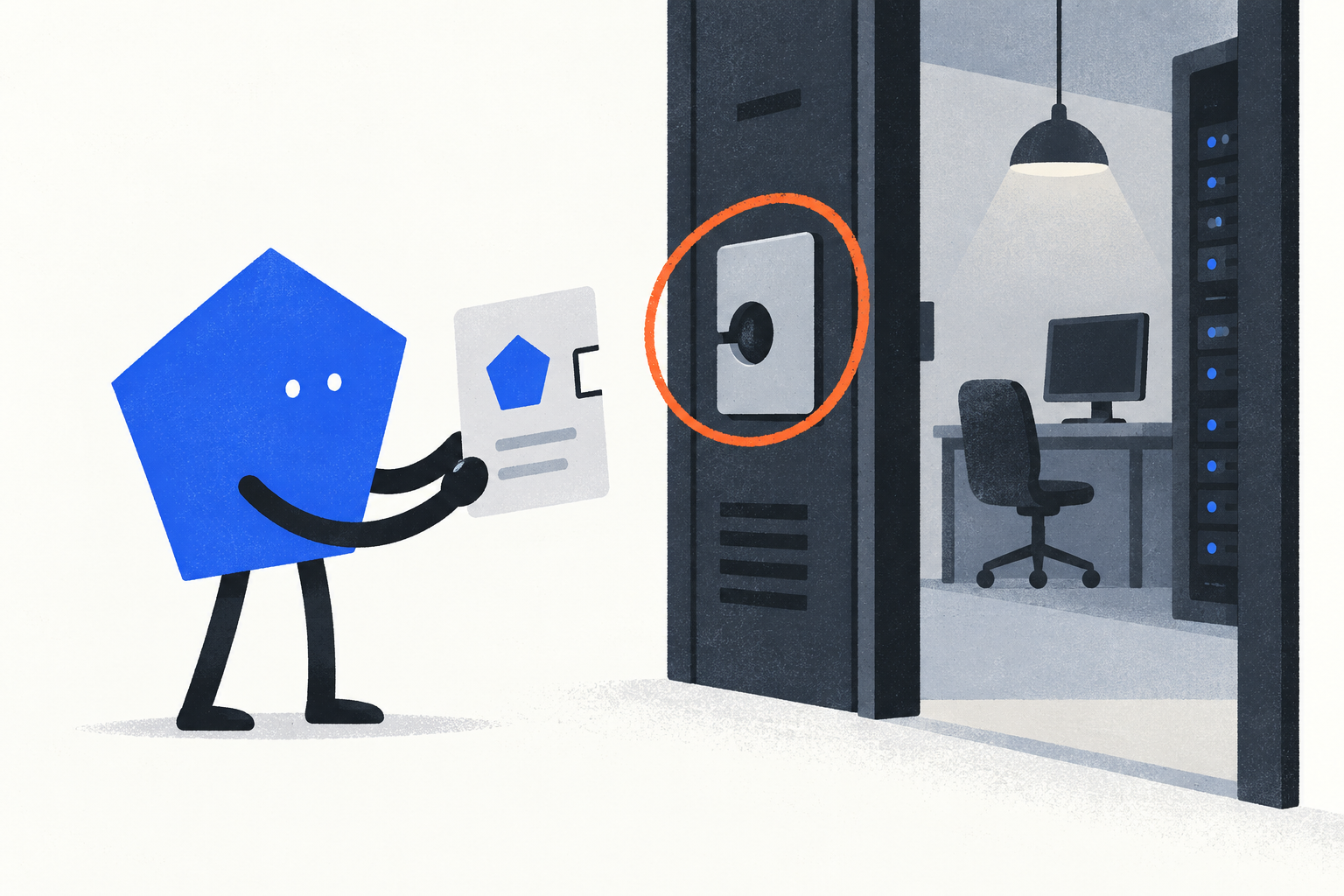 Conceptual illustration: a mismatched profile card prevents a replacement agent from entering the server.
