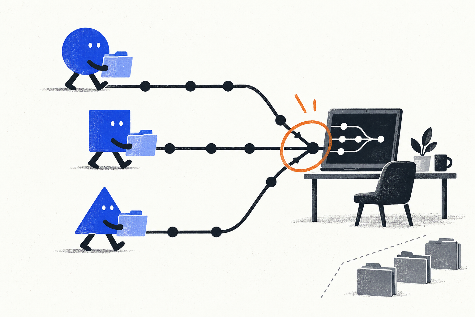 Conceptual illustration: three agents work on separate branches toward one shared workstation while other projects are paused.