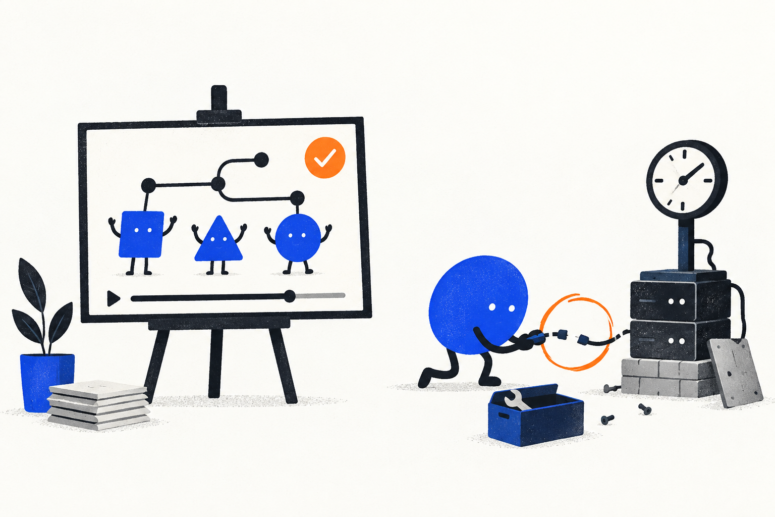 Conceptual illustration: an accepted demo stands beside a fragile clock-driven agent workflow.
