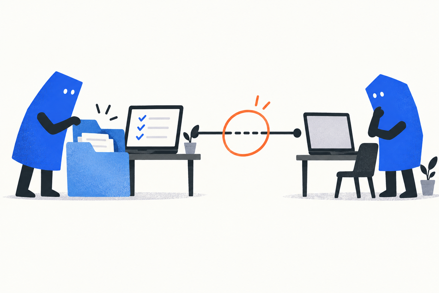 Conceptual illustration: a fresh project copy passes checks on one workstation while the connection to a second computer remains unfinished.